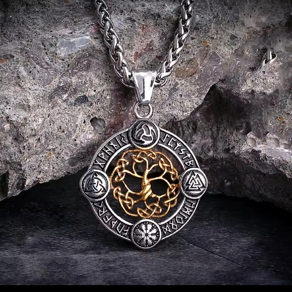 Viking Rune Life Tree Stainless Steel Silver Luck Talisman Necklace